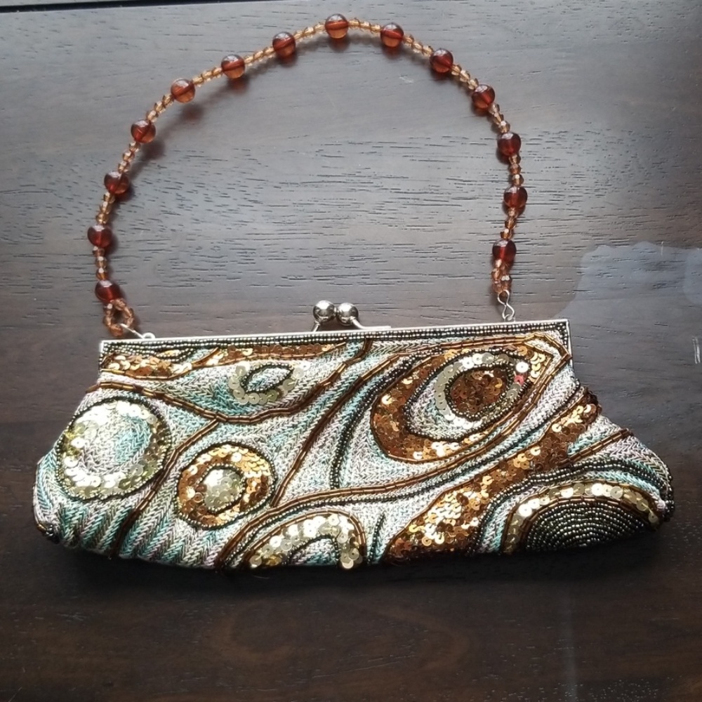 Vintage Inspired Copper Gold Beaded Sequin Clutch